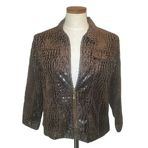Ruby Rd Brown Embossed Animal Print Distressed Zippered Jacket Medium
